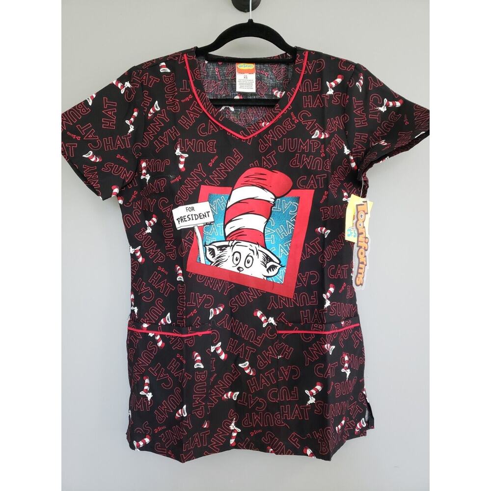 NEW SIZE XS Cat In The‎ Hat DR SEUSS MEDICAL SCRUB TOP PRESIDENTIAL DEBATE VOTE